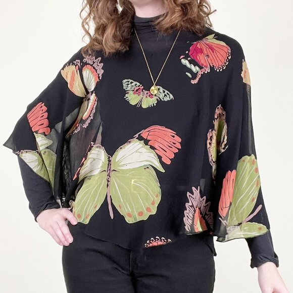 Vintage 90s Y2K Silk Poncho Top Sheer Butterfly Print Whimsical Blouse Tunic 00s - Picture 1 of 6